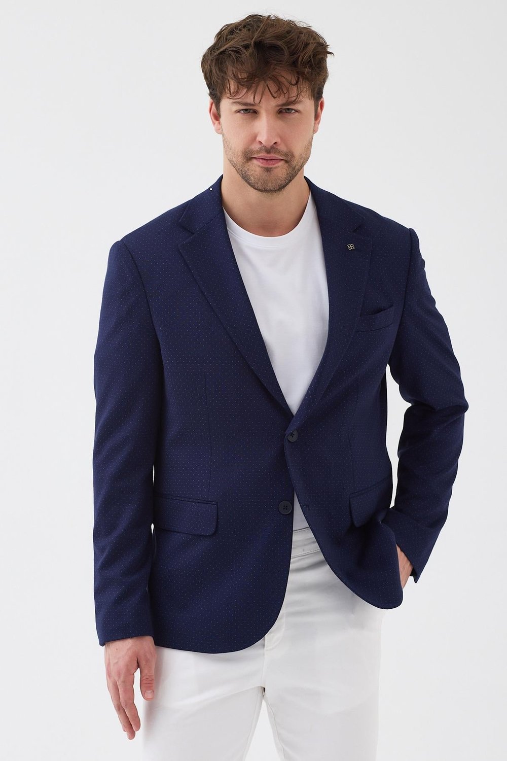 Egisto Erkek Lacivert Esnek Likralı Pamuk Karışımlı Slim Fit İlkbahar-Yaz Spor Blazer Ceket