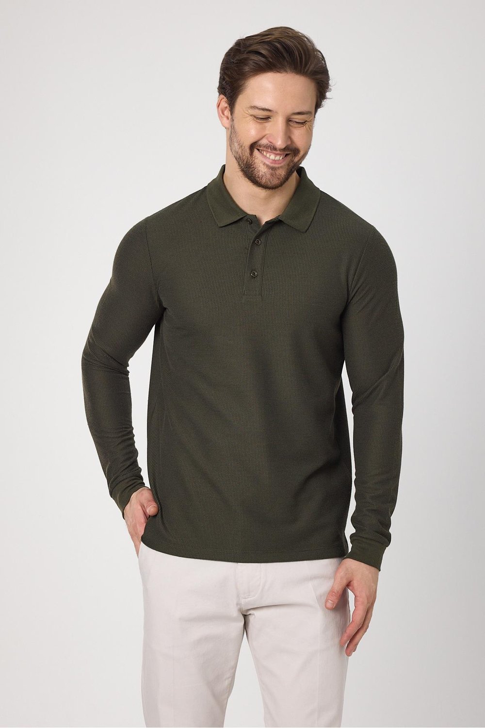 Erkek %100 Pamuk Waffle Çekmeyen Esneyen Kumaş Slim Fit Uzun Kol Polo Tişört