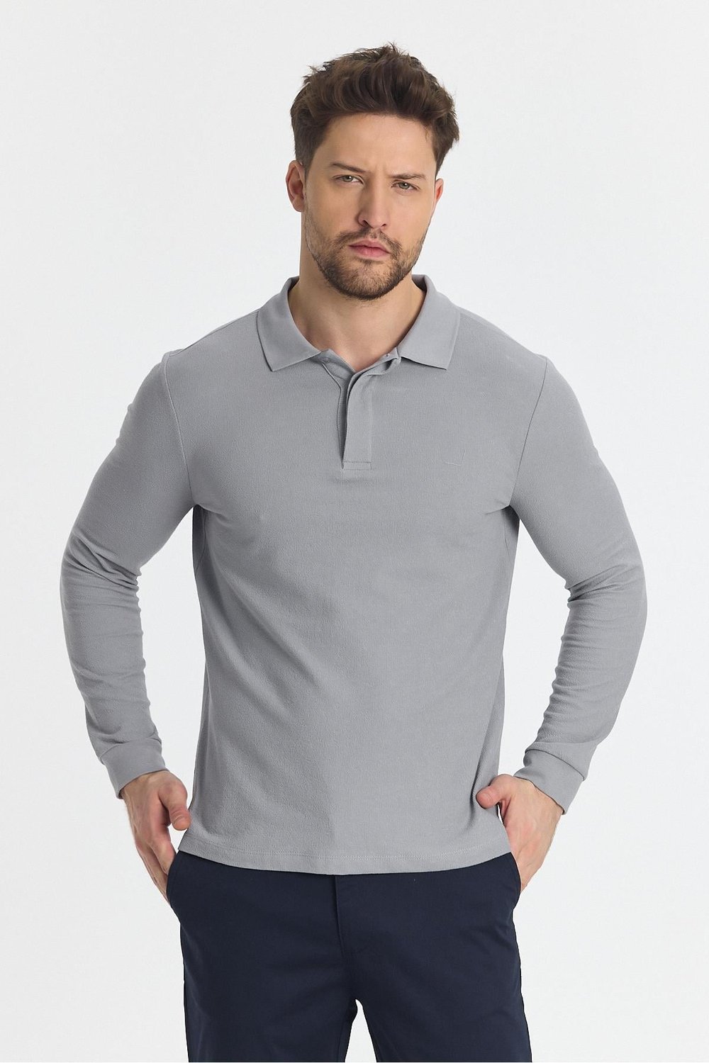 Erkek Regular Fit Polo Yaka Basic Sweatshirt Damla Örğülü