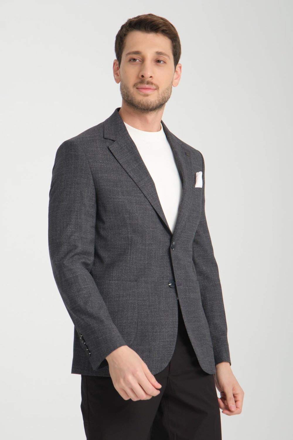 Erkek Siyah Desenli Esneyen Kumaş Slim Fit Torba Cepli Yarım Astar 4 Mevsim Blazer Ceket