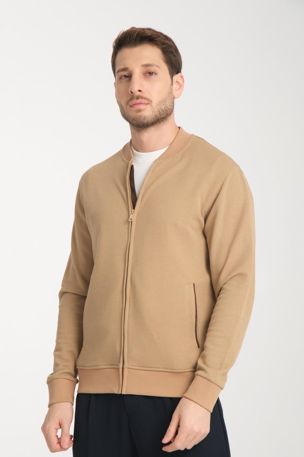 Erkek Slim Fit Dar Kesim Dik Yaka Uzun Fermuarlı Düz Hırka