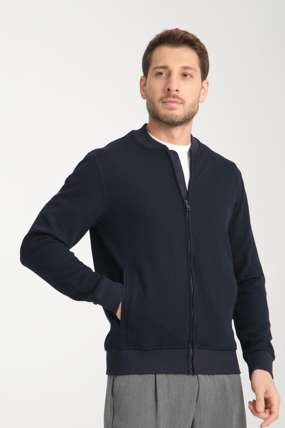 Erkek Slim Fit Dar Kesim Dik Yaka Uzun Fermuarlı Düz Hırka