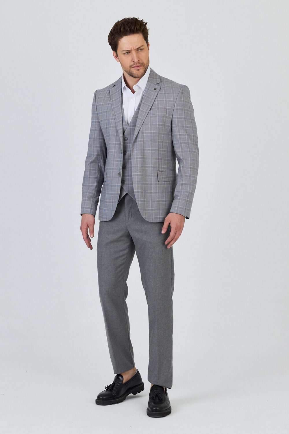 Facune Erkek Açık Gri Ceket+Pantolon+Yelek Çift Yırtmaçlı Slim Fit Takim Elbise