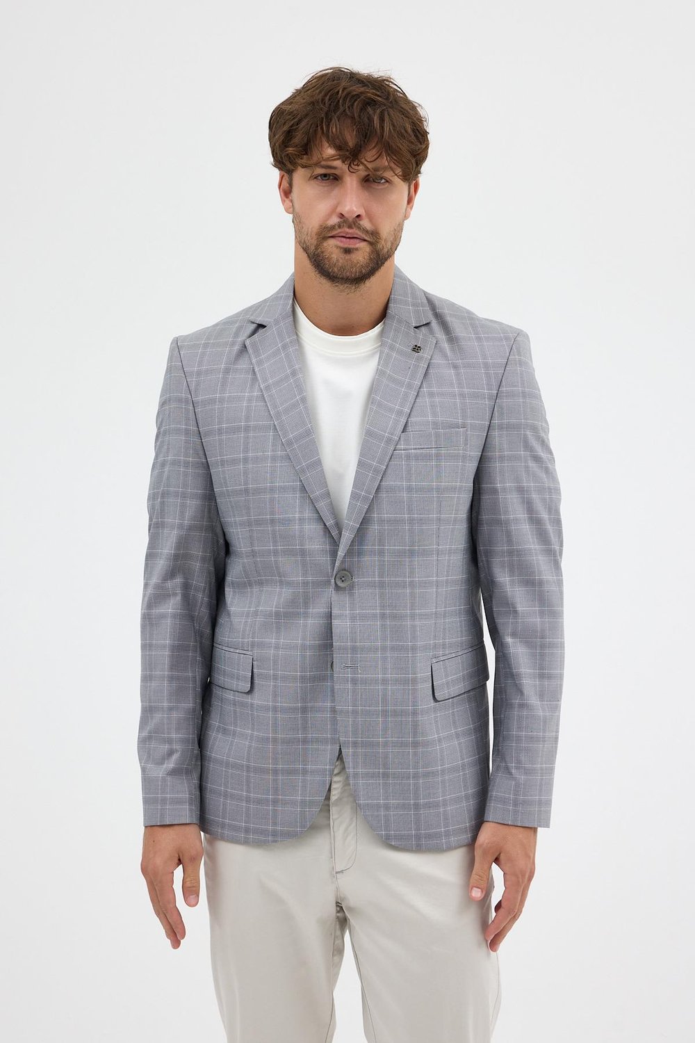 Facune Erkek Açık Gri Ekose Kumaşlı Mono Yaka Spor Blazer Ceket