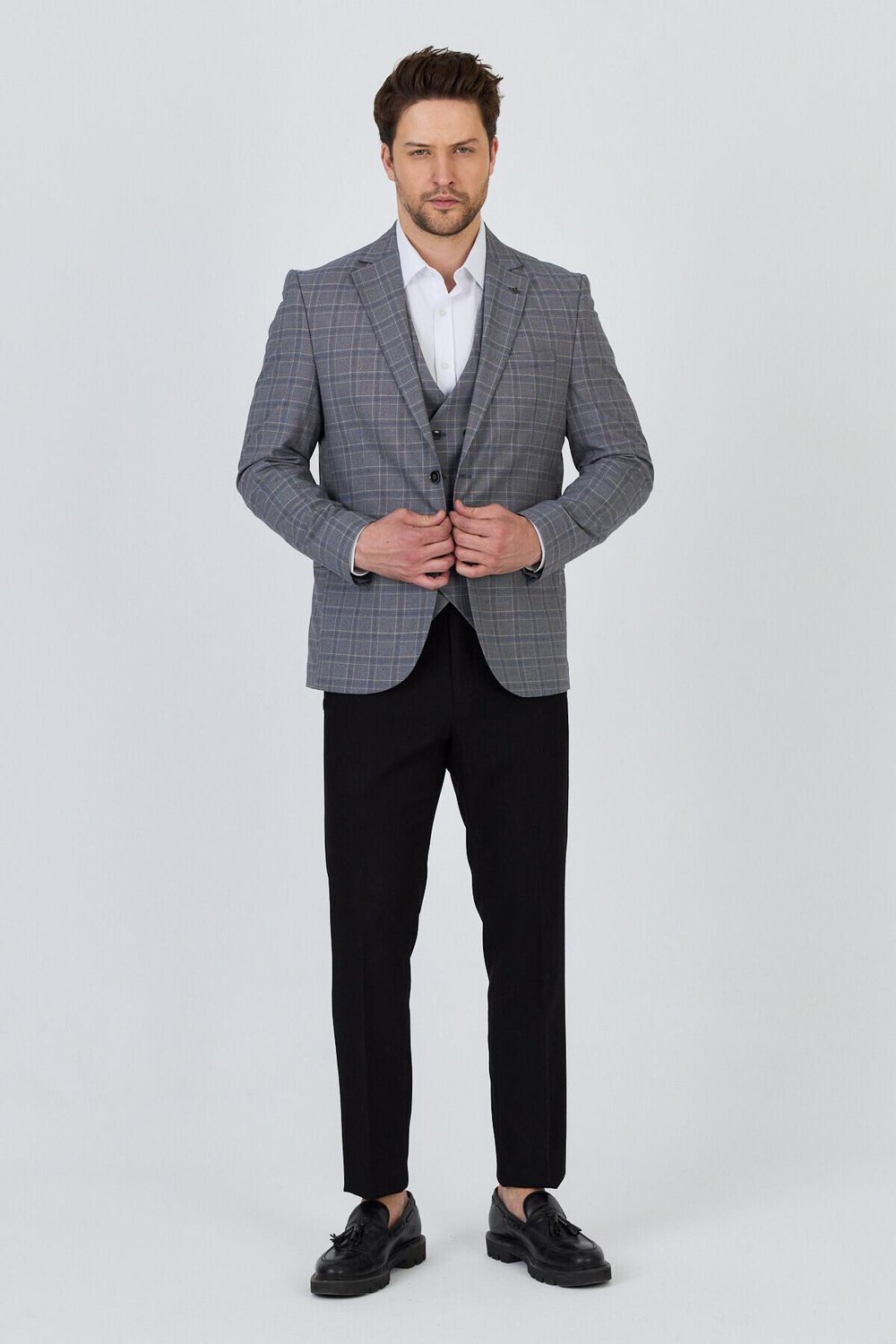 Facune Erkek Gri Ceket+Pantolon+Yelek Çift Yırtmaçlı Slim Fit Takim Elbise
