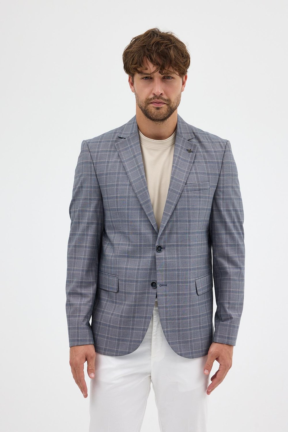 Facune Erkek Gri Ekose Kumaşlı Mono Yaka Spor Blazer Ceket
