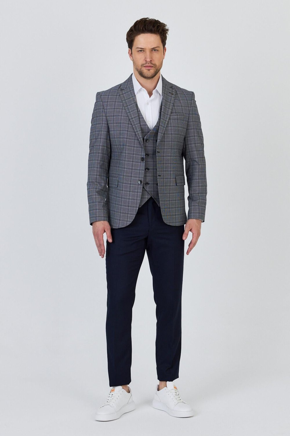 Facune Erkek Koyu Lacivert Ceket+Pantolon+Yelek Çift Yırtmaçlı Slim Fit Takim Elbise