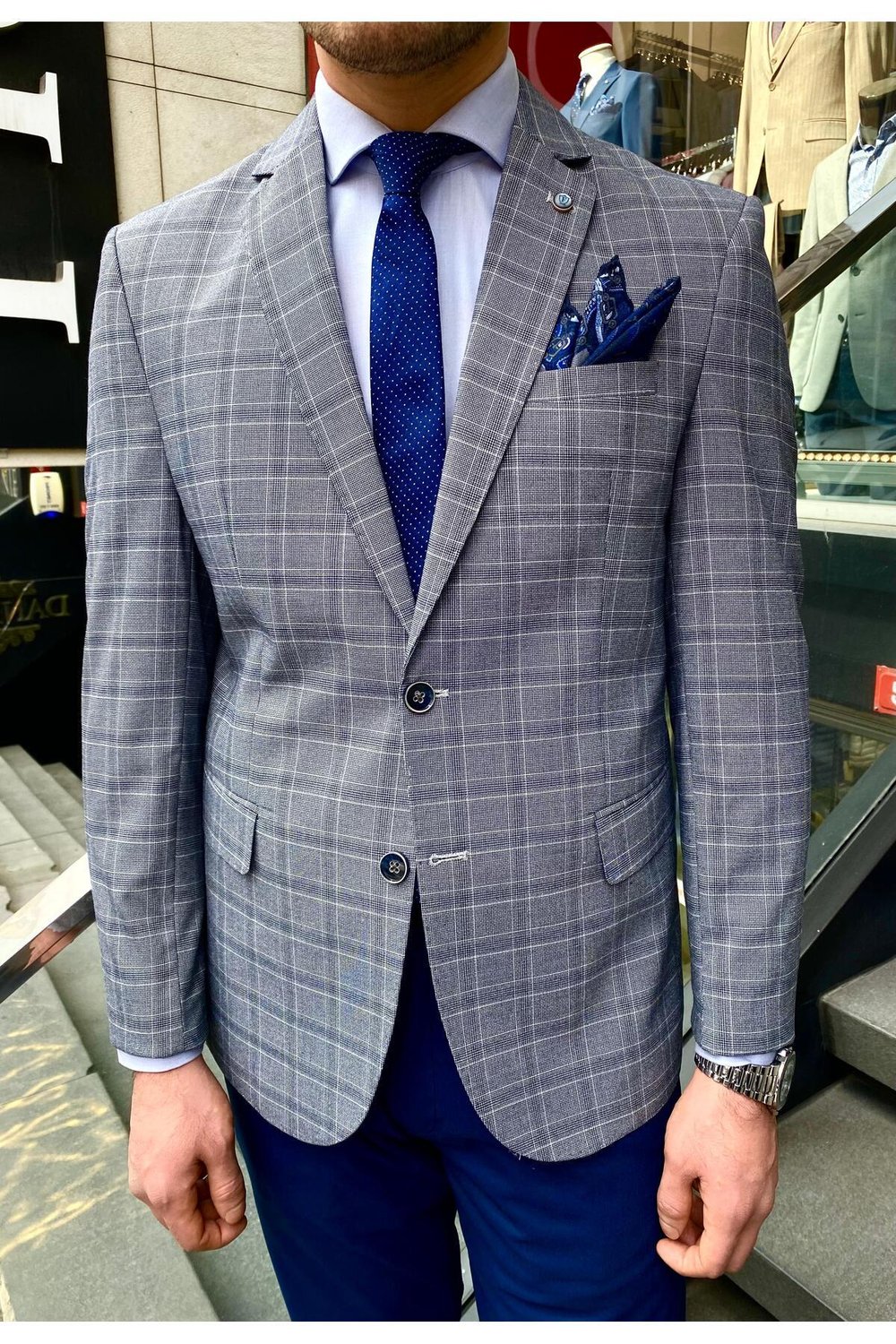 Facune Erkek Koyu Lacivert Ekose Kumaşlı Mono Yaka Spor Blazer Ceket