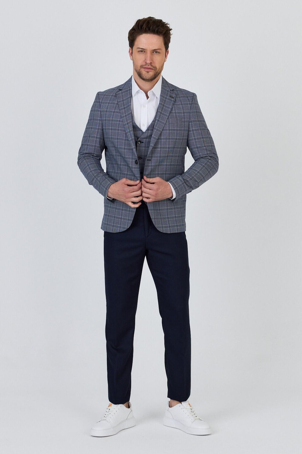 Facune Erkek Lacivert Ceket+Pantolon+Yelek Çift Yırtmaçlı Slim Fit Takim Elbise