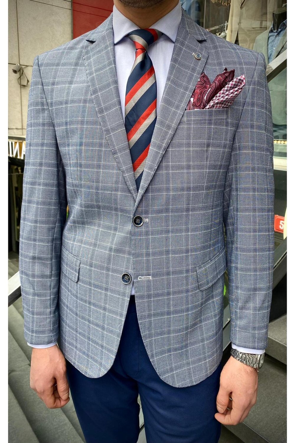 Facune Erkek Lacivert Ekose Kumaşlı Mono Yaka Spor Blazer Ceket