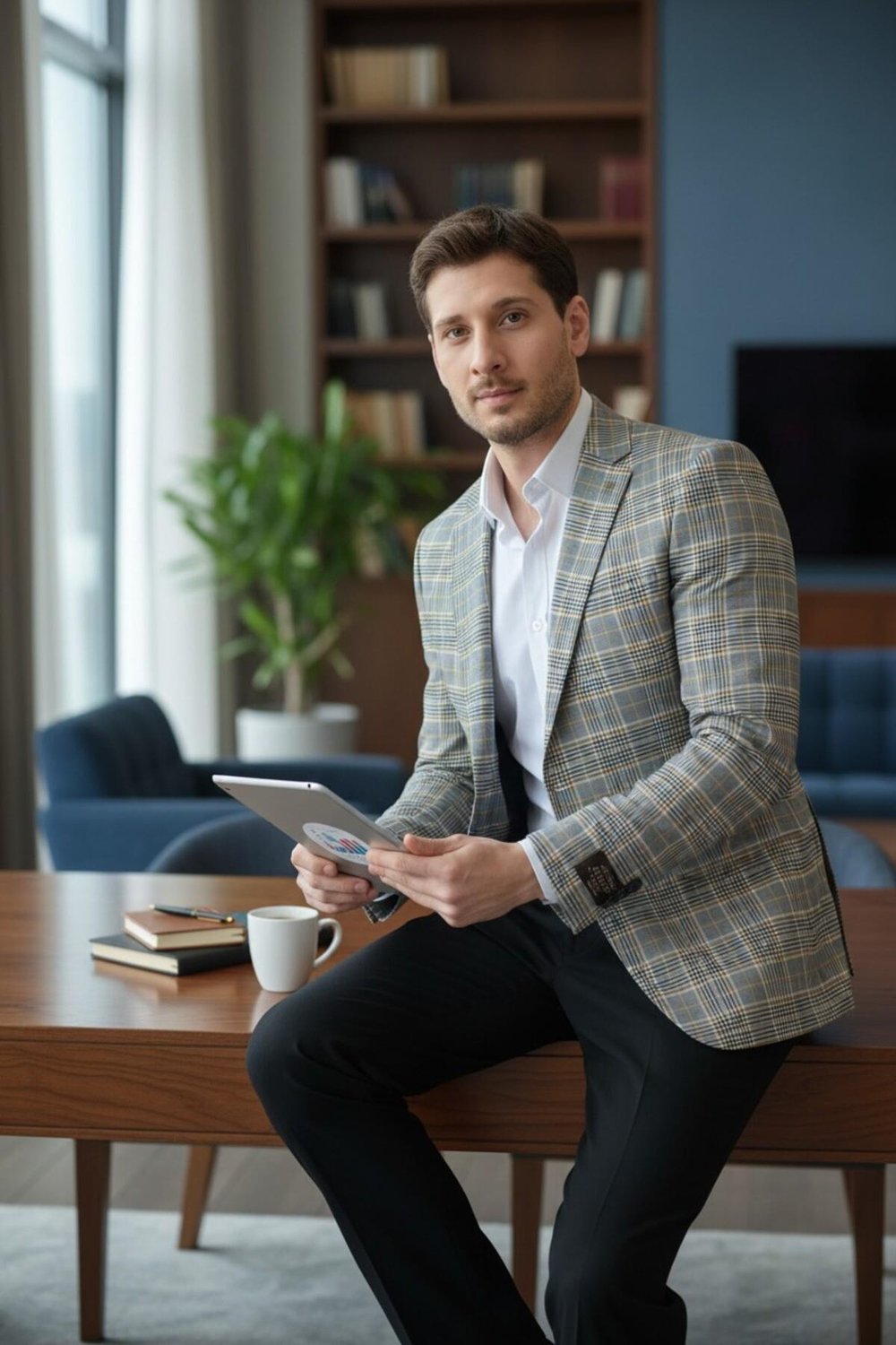 Ferrucii Erkek Gri Ekose Battal Büyük Beden Dar Kesim Erkek Blazer Ceket