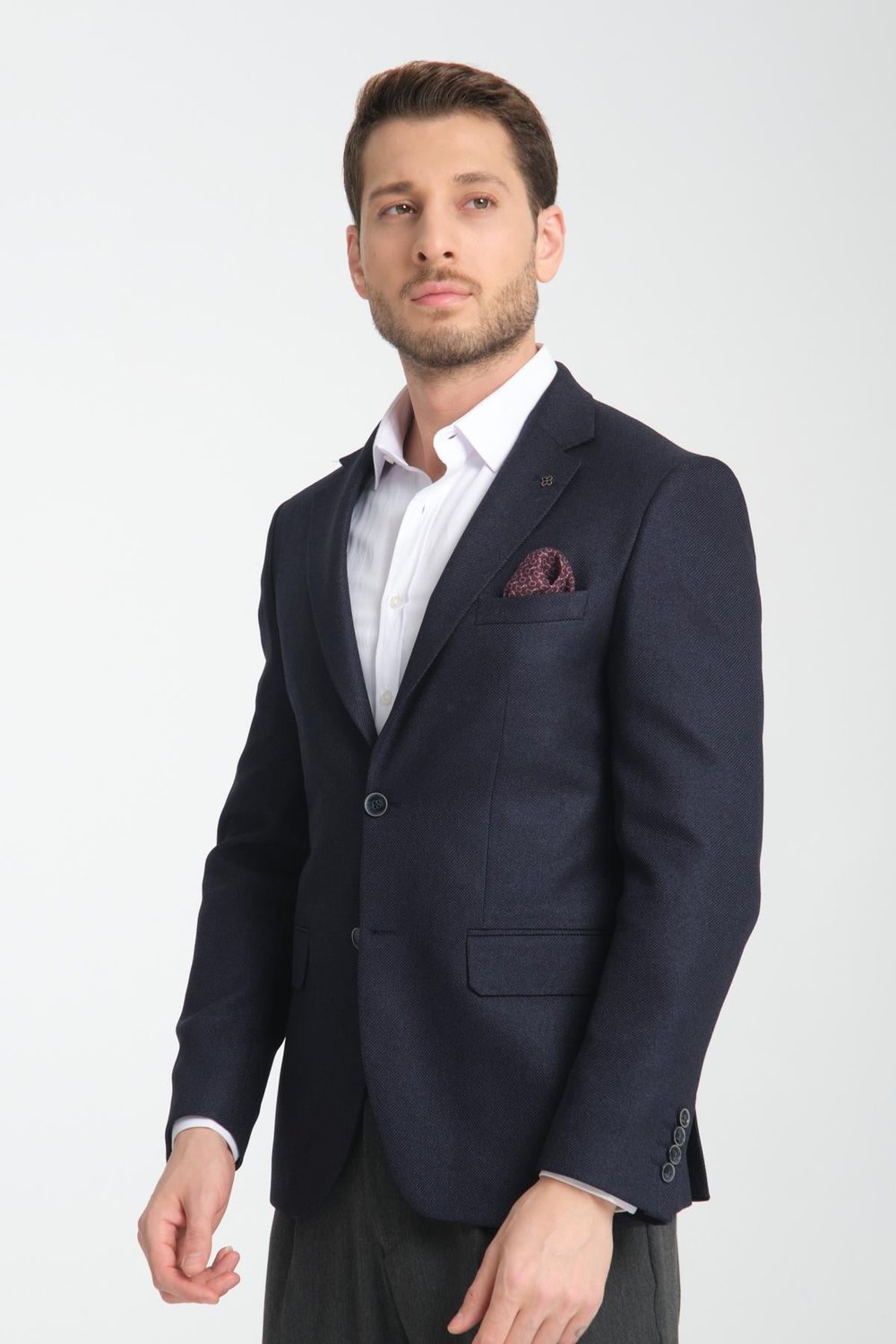 Fevual Erkek Koyu Lacivert Mono Yaka Diagonel Desenli Slim Fit Blazer Spor Ceket
