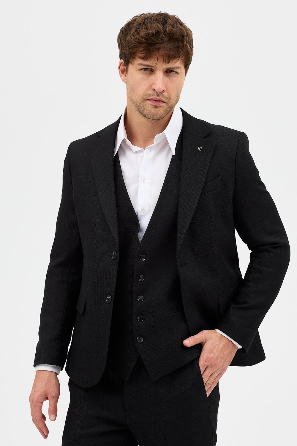 Fevual Erkek Siyah Slim Fit Kalın Düz Mono Yaka Çift Yırtmaçlı Astarlı Takim Elbise
