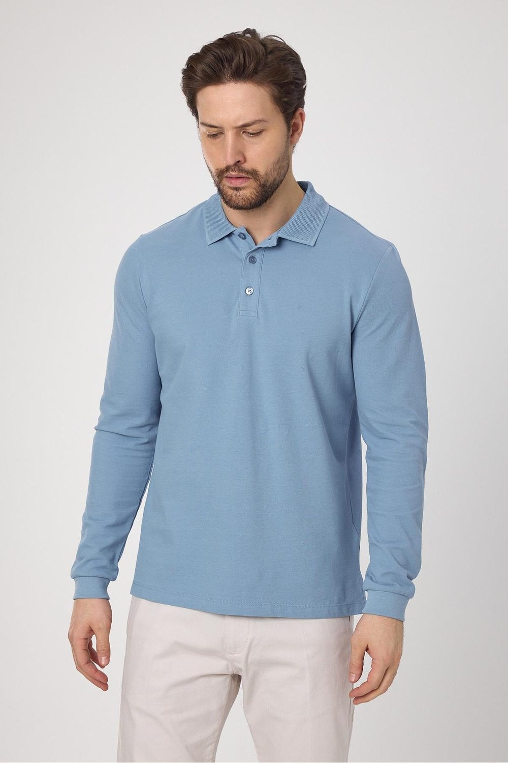 Frank Erkek Mavi %100 Pamuk Pike Örme Esneyen Kumaş Slim Fit Dar Kesim Uzun Kol Polo Tişört