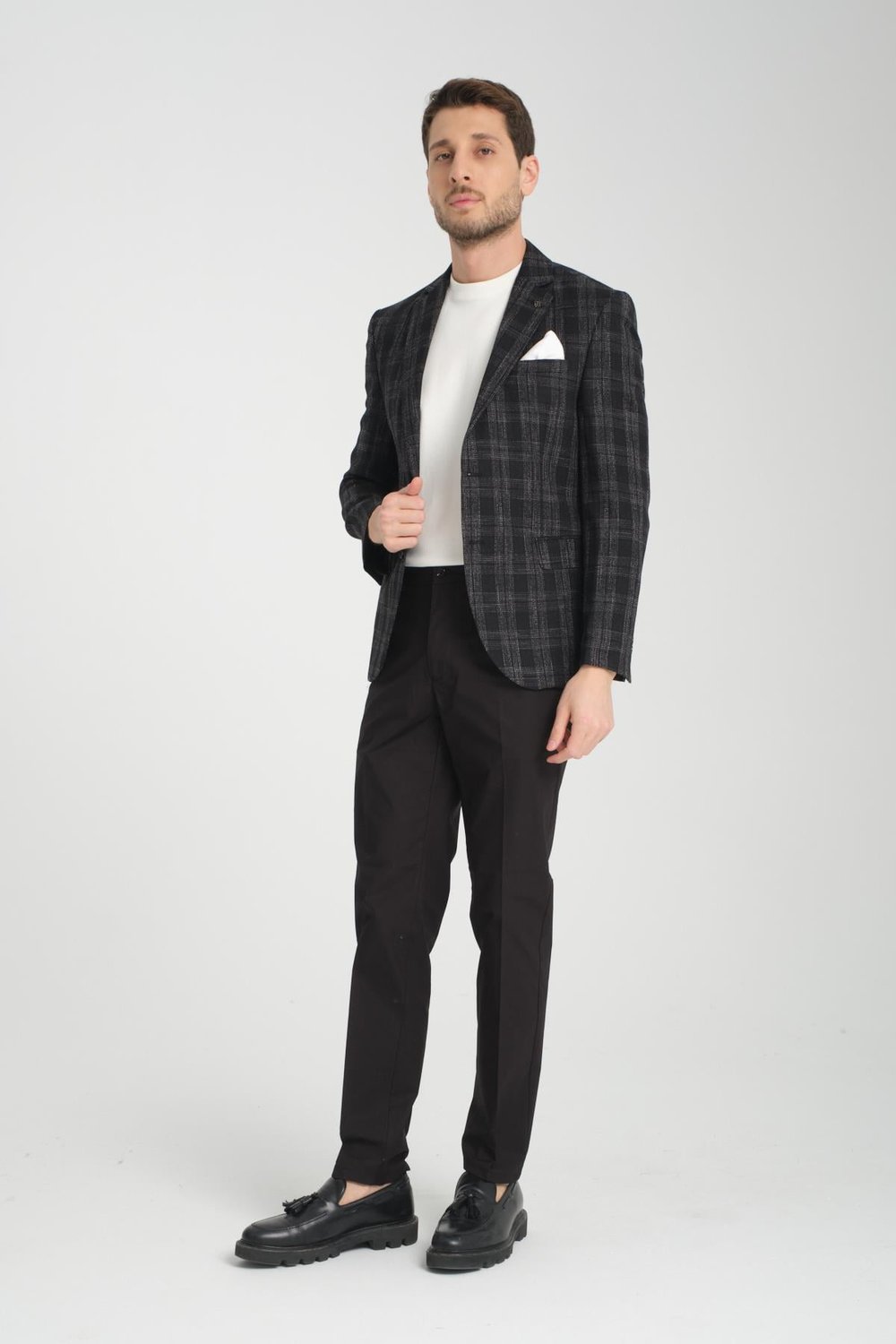 Galileo Erkek Siyah Kareli Ekoseli Mono Yaka Esnemeyen Kumaş Kalın Kumaş Slim Fit Blazer Ceket