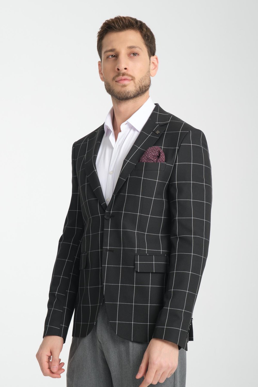 Girado Erkek Siyah Ekose Slim Fit Mono Yaka Spor Blazer Ceket