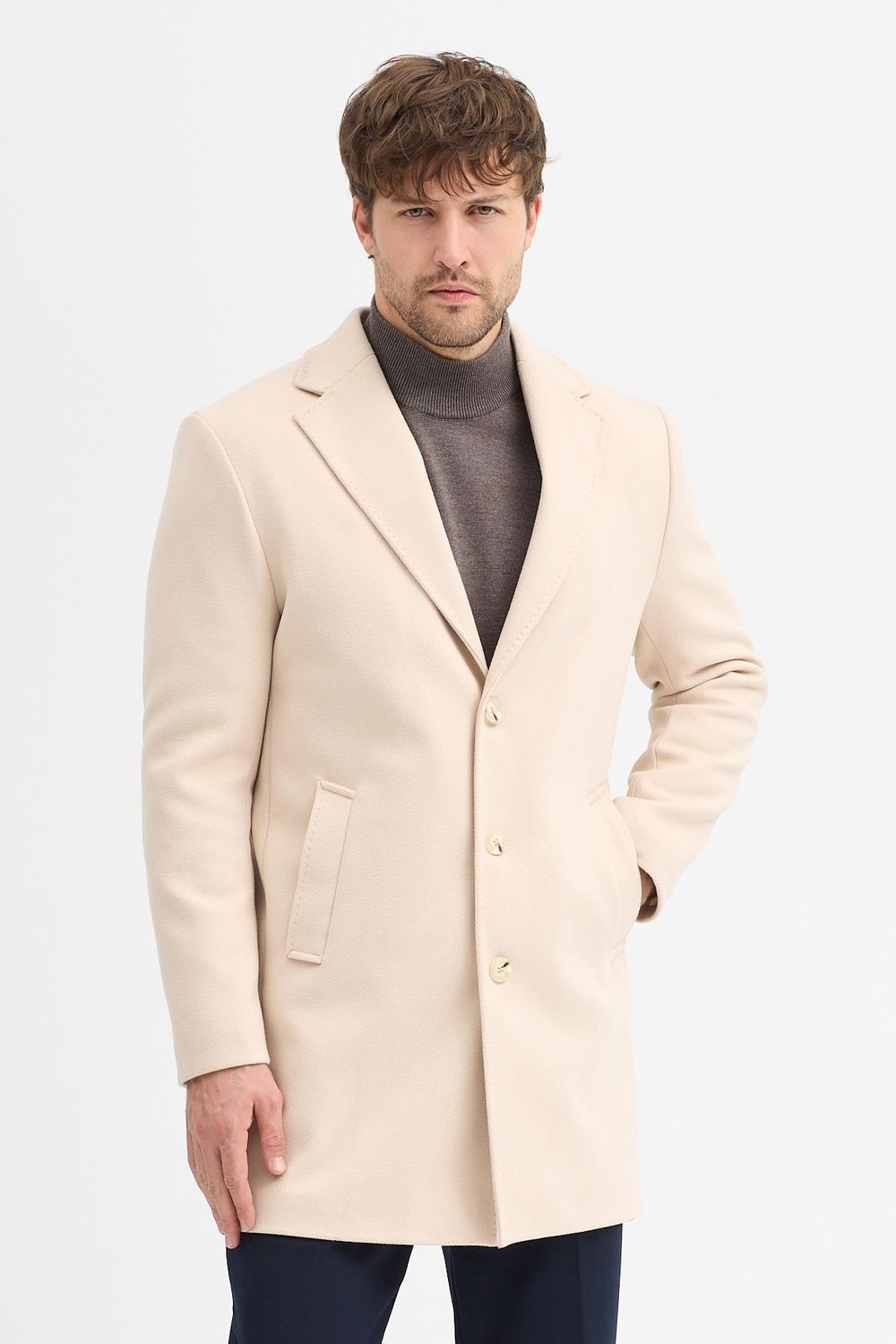 Grande Erkek Bej Ceket Yaka Slim Fit Kaşe Kaban