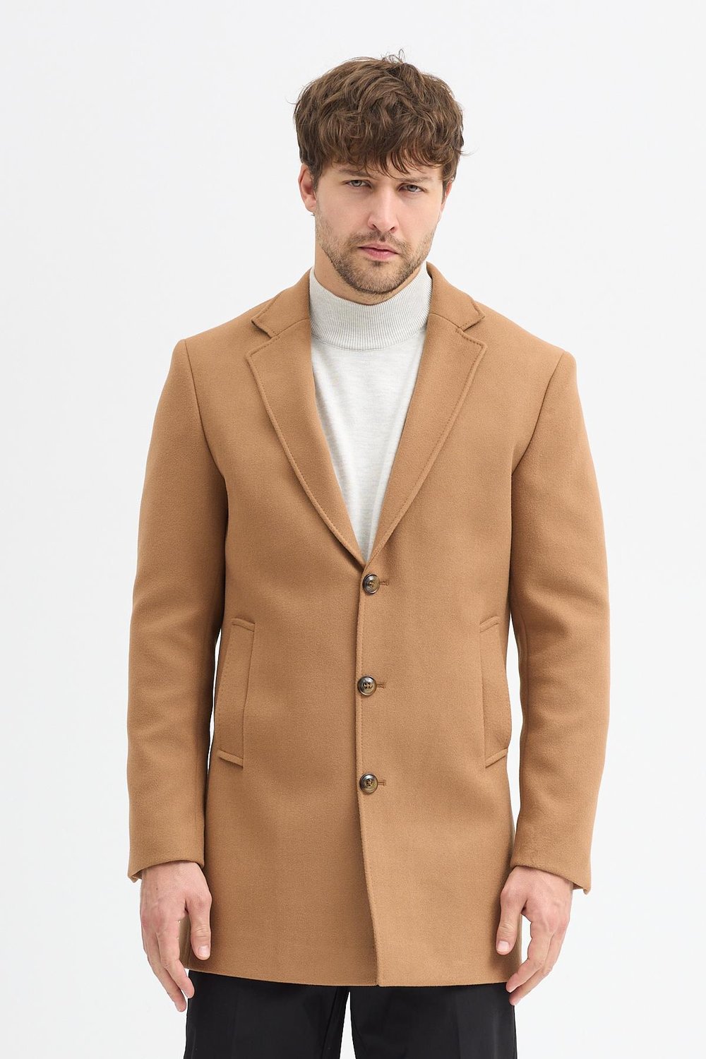 Grande Erkek Camel Ceket Yaka Slim Fit Kaşe Kaban