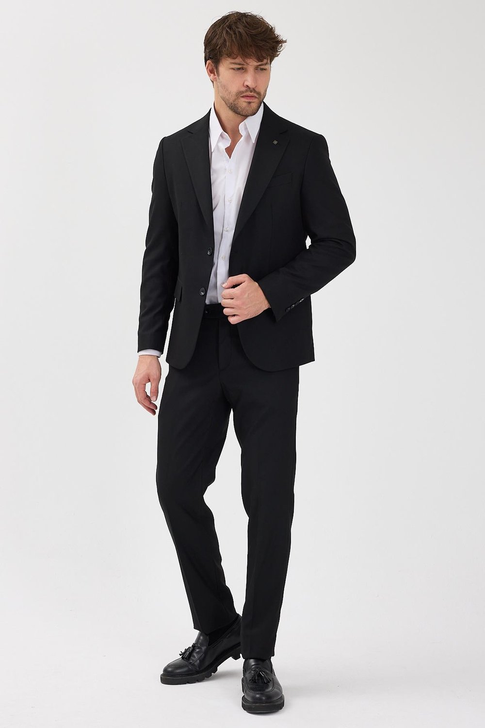 Haldey Erkek Siyah Poliviskon Kumaşlı Mono Yaka Kapak Cepli Yarım Astar Slim Fit 2li Takım Elbise