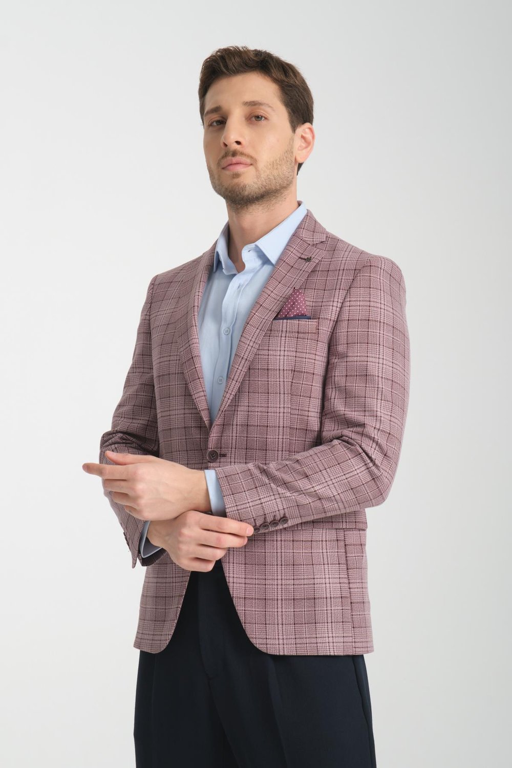İnce Ekose Slim Fit Dar Kesim Erkek Blazer Ceket