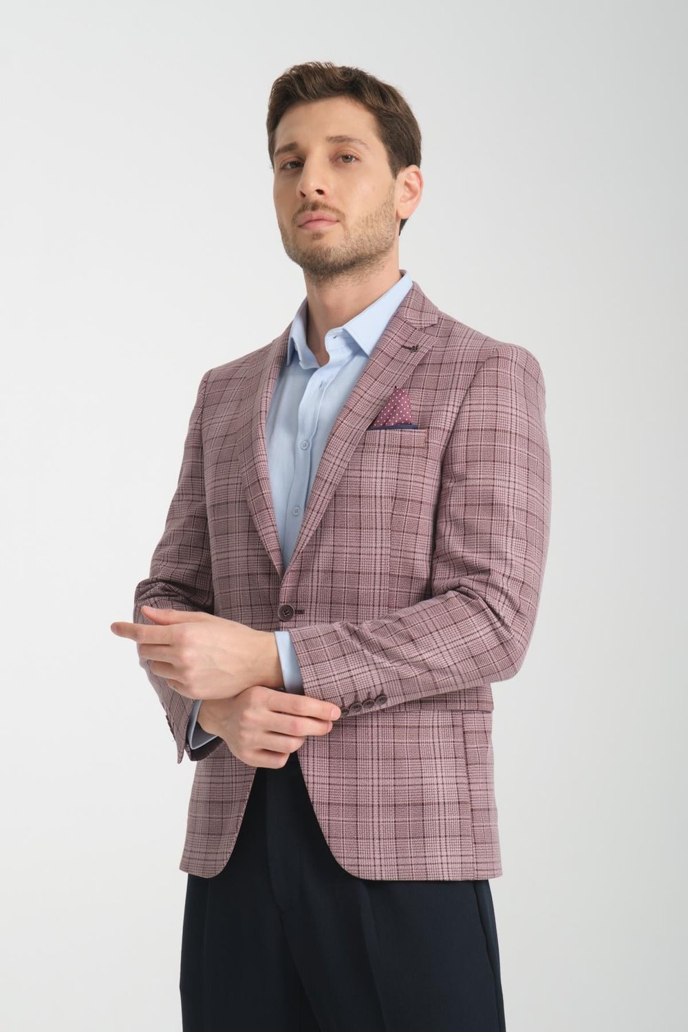 İnce Ekose Slim Fit Dar Kesim Erkek Blazer Ceket