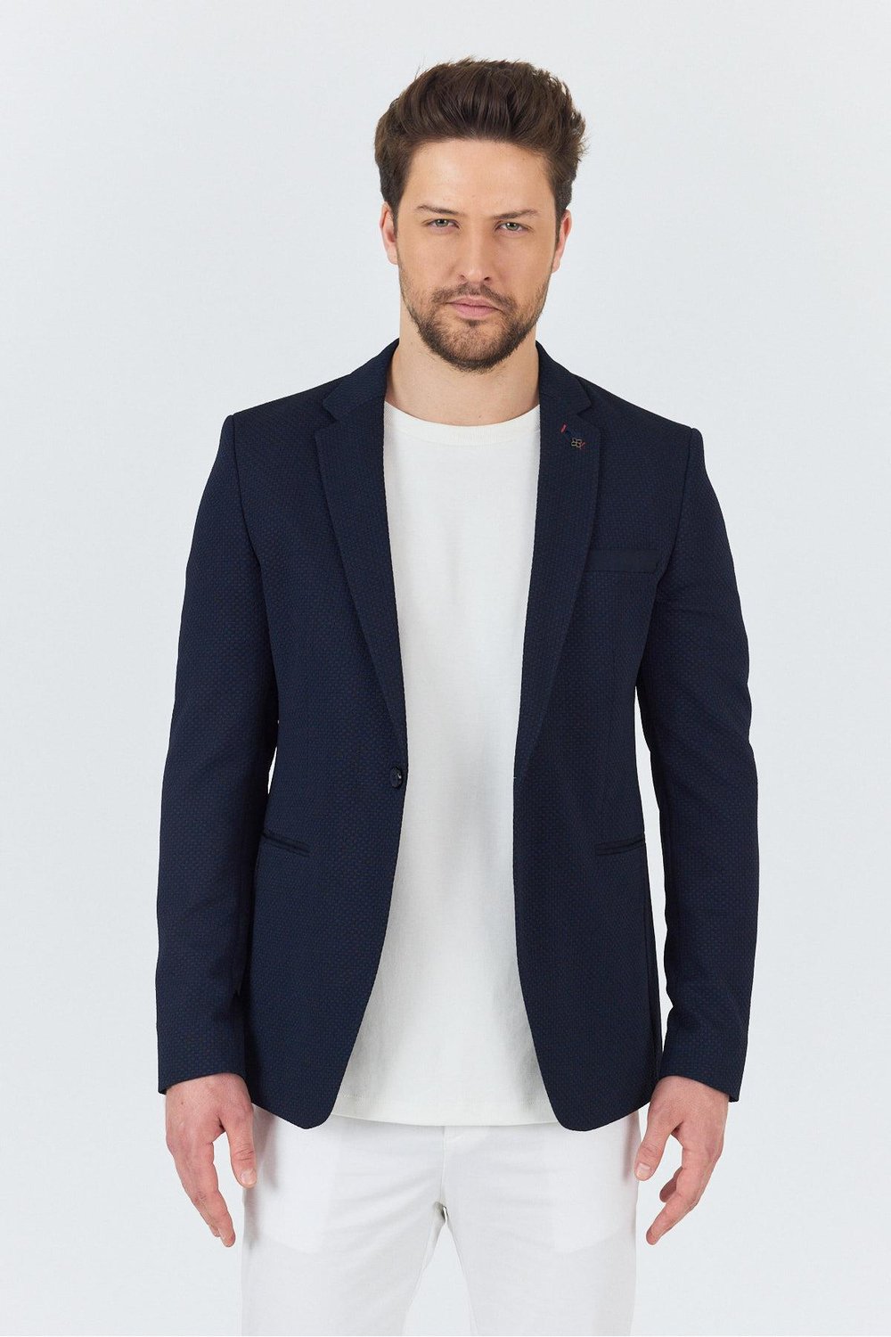 İtolo Erkek Lacivert Likralı Esnek Kumaşlı Slim Fit Spor Blazer Ceket