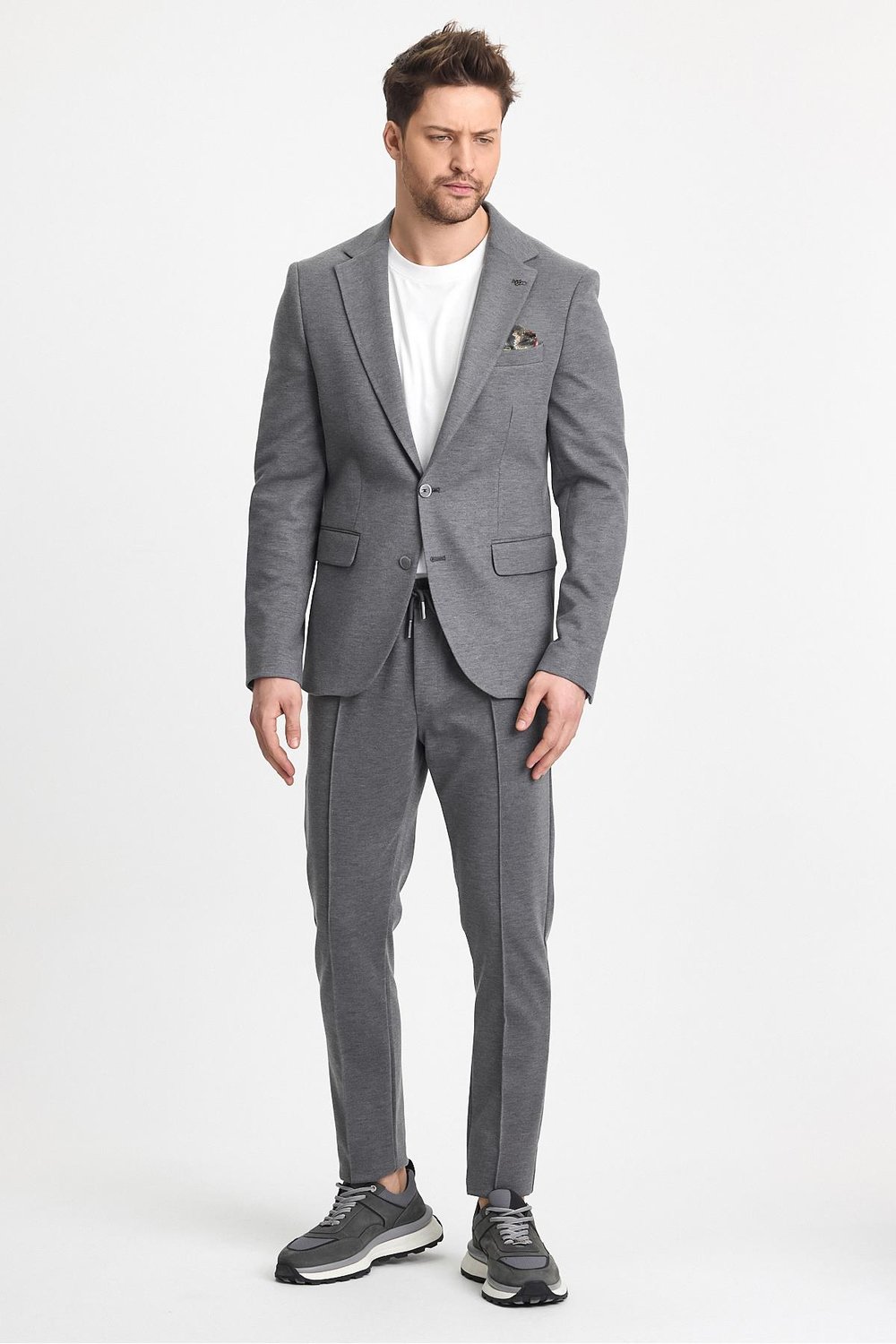 Jasino Erkek Light Grey Likralı Slim Fit Pamuk Karışımlı Esneyen 2li Takım Elbise (ceket+pantolon)