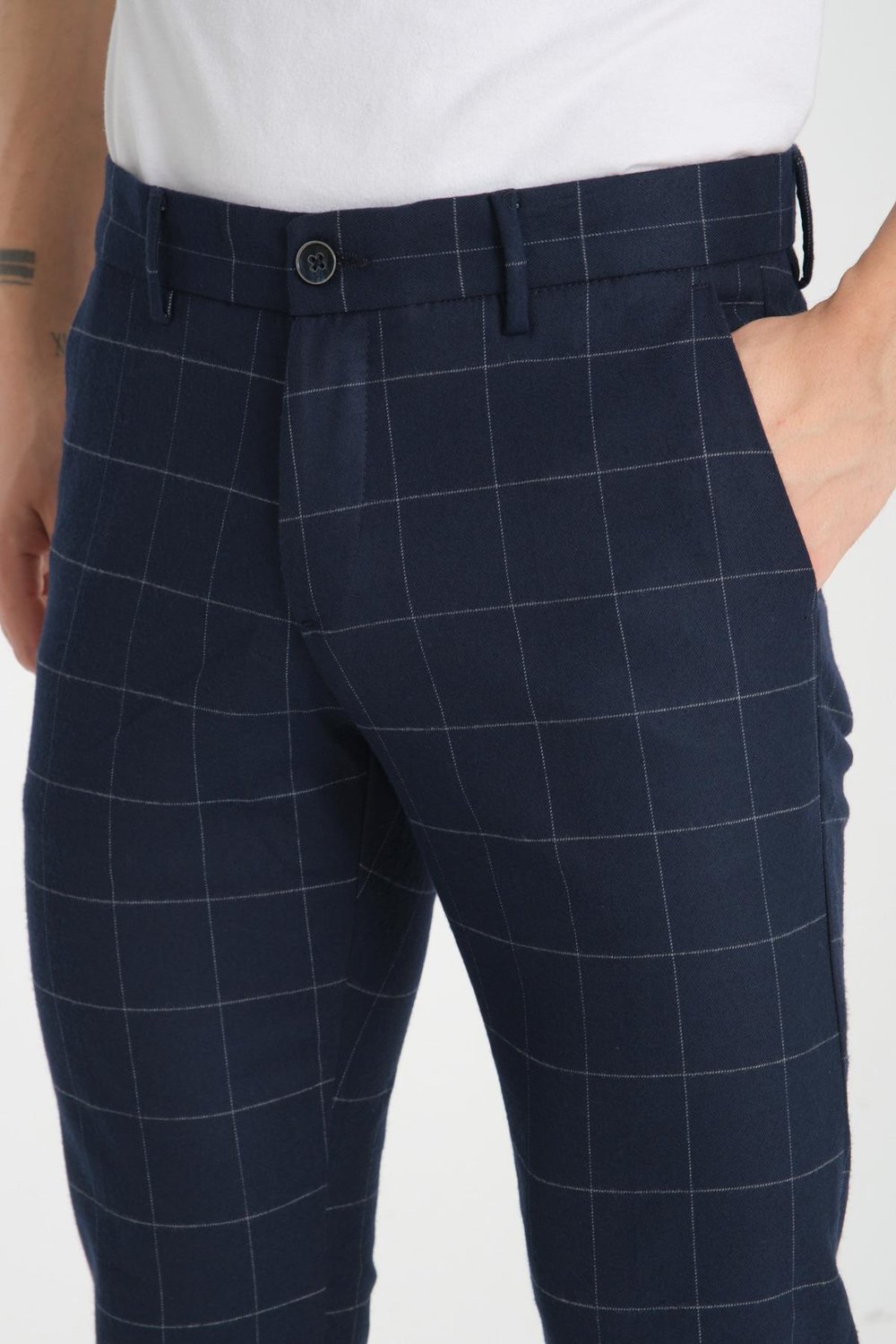 Kalın Ekose Desenli Erkek Yandan Cepli Klasik Bel Slim Fit Chino Pantolon