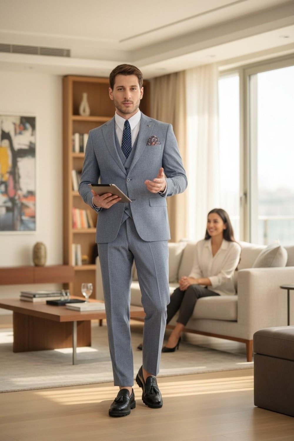 Lacivert Slim Fit Erkek Düz Mono Yaka Çift Yırtmaçlı Astarlı Takim Elbise
