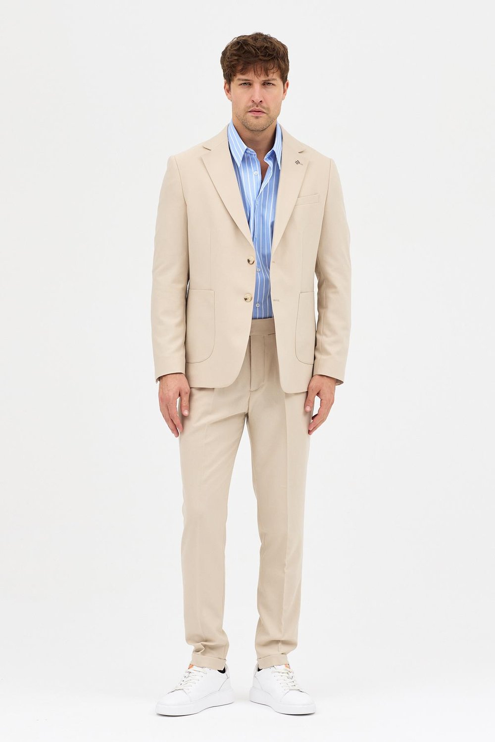Lerma Erkek Bej Torba Cepli Yarım Astar Ceket+Pileli Pantolon 2li Slim Fit Takım Elbise