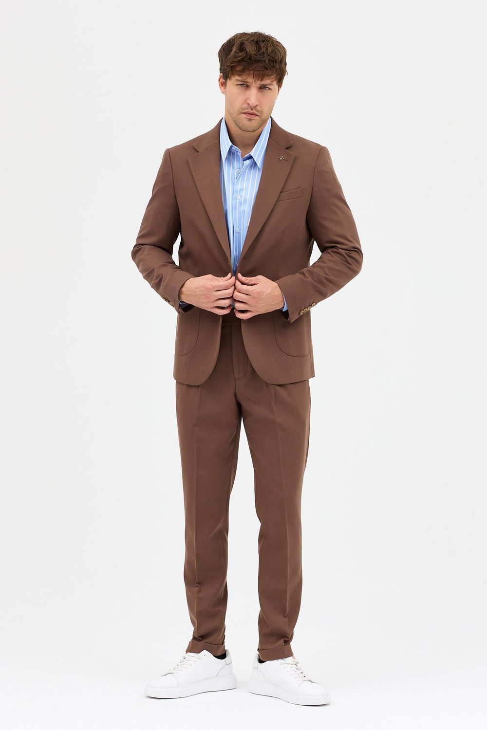 Lerma Erkek Vizon Torba Cepli Yarım Astar Ceket+Pileli Pantolon 2li Slim Fit Takım Elbise