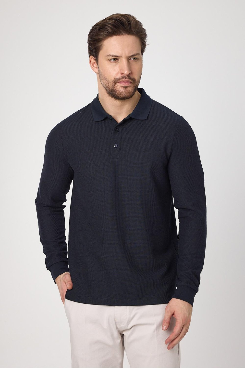 Lewin Erkek Lacivert %100 Pamuk Waffle Çekmeyen Esneyen Kumaş Slim Fit Uzun Kol Polo Tişört