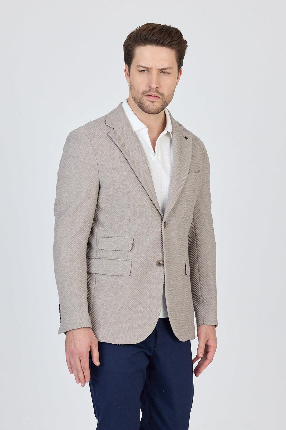 Lores Erkek Stone-Taş Astarsız Soft Balıksırtı Desenli Esneyen Kumaş Likralı Spor Blazer Ceket