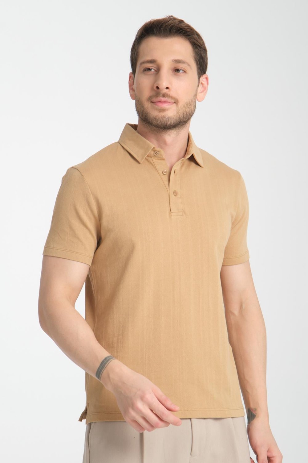 Luceroo Erkek Koyu Bej %100 Pamuk Çekmeyen Kumaş Slim Fit Dar Kesim Polo Yaka Tişört