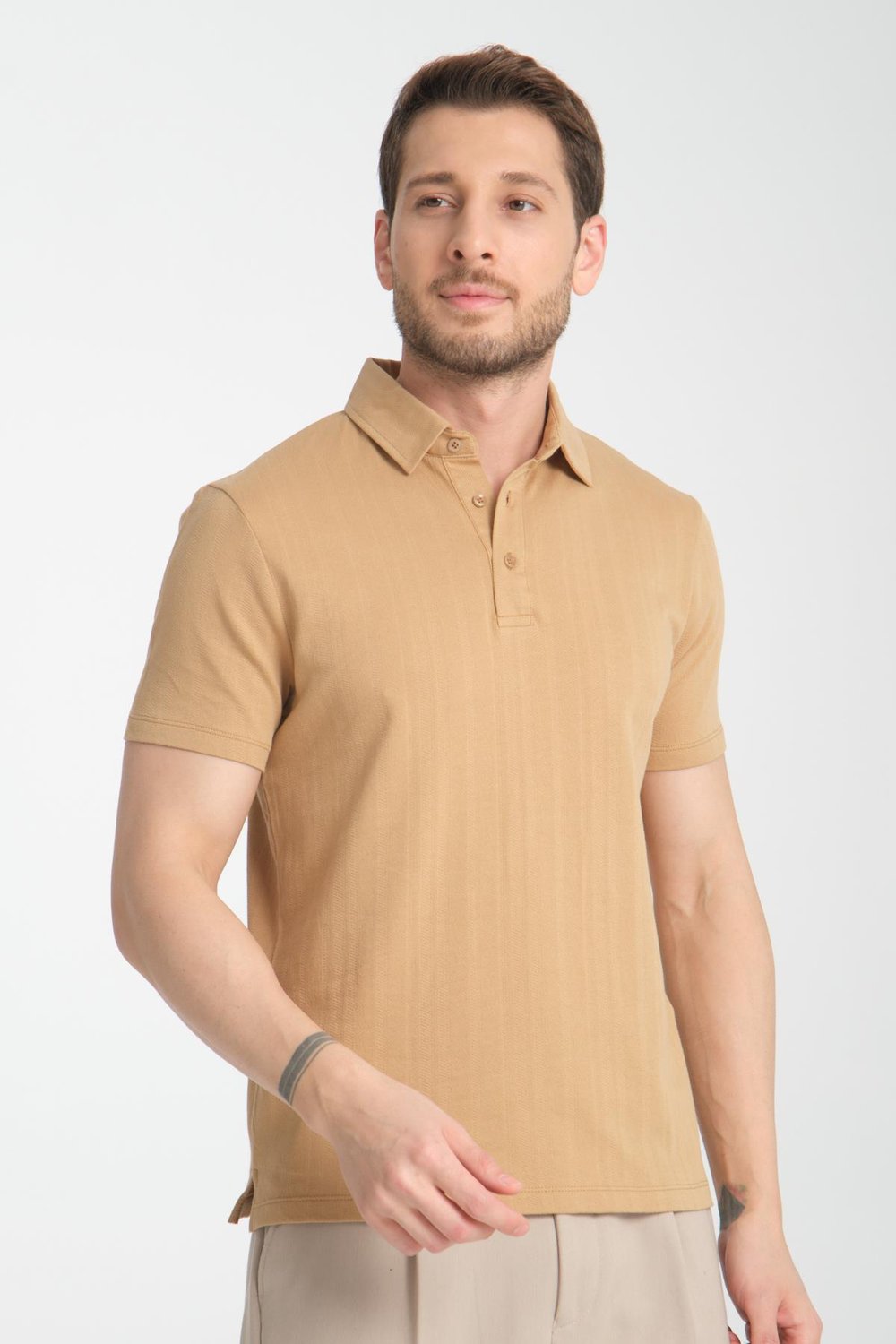 Luceroo Erkek Koyu Bej %100 Pamuk Çekmeyen Kumaş Slim Fit Dar Kesim Polo Yaka Tişört