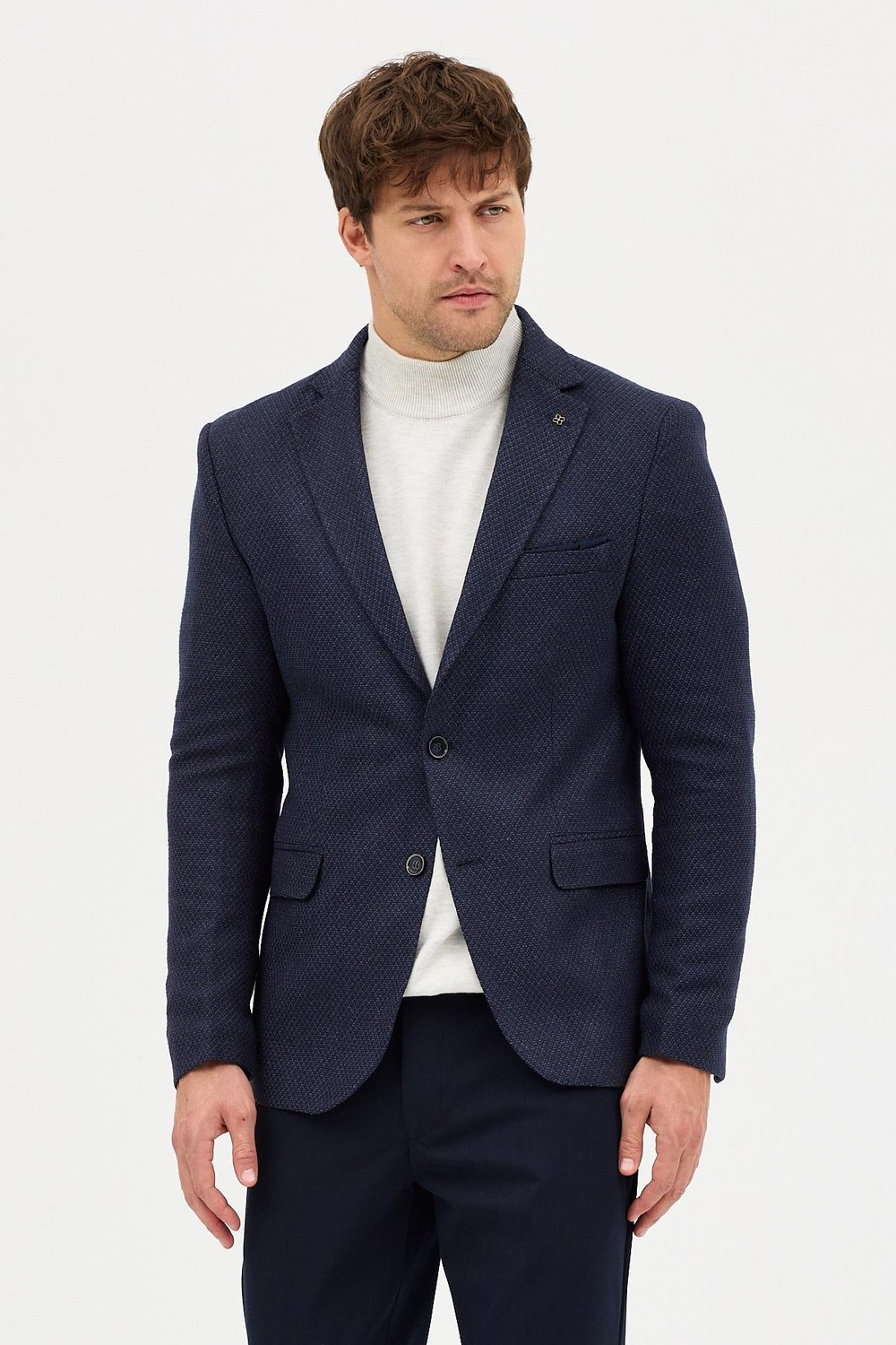 Luduno Erkek Lacivert Kalın Mono Yaka Slim Fit Casual Blazer Ceket