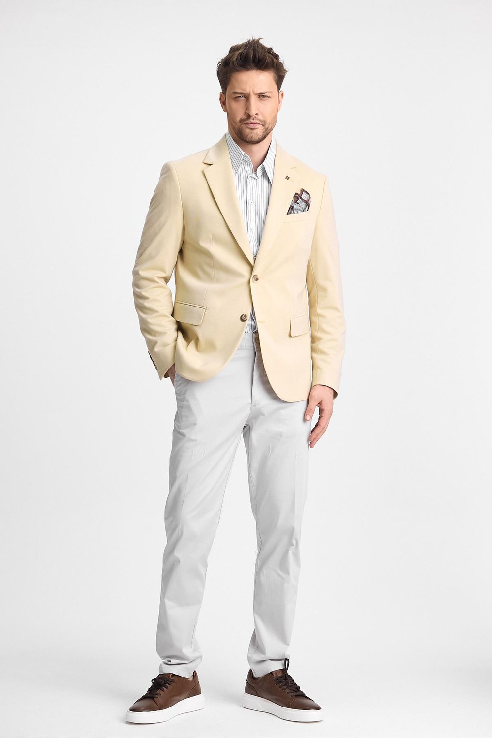 Marcio Erkek Bej Pamuk Karışımlı Esneyen Kumaş Mono Yaka Slim Fit Spor Blazer Ceket