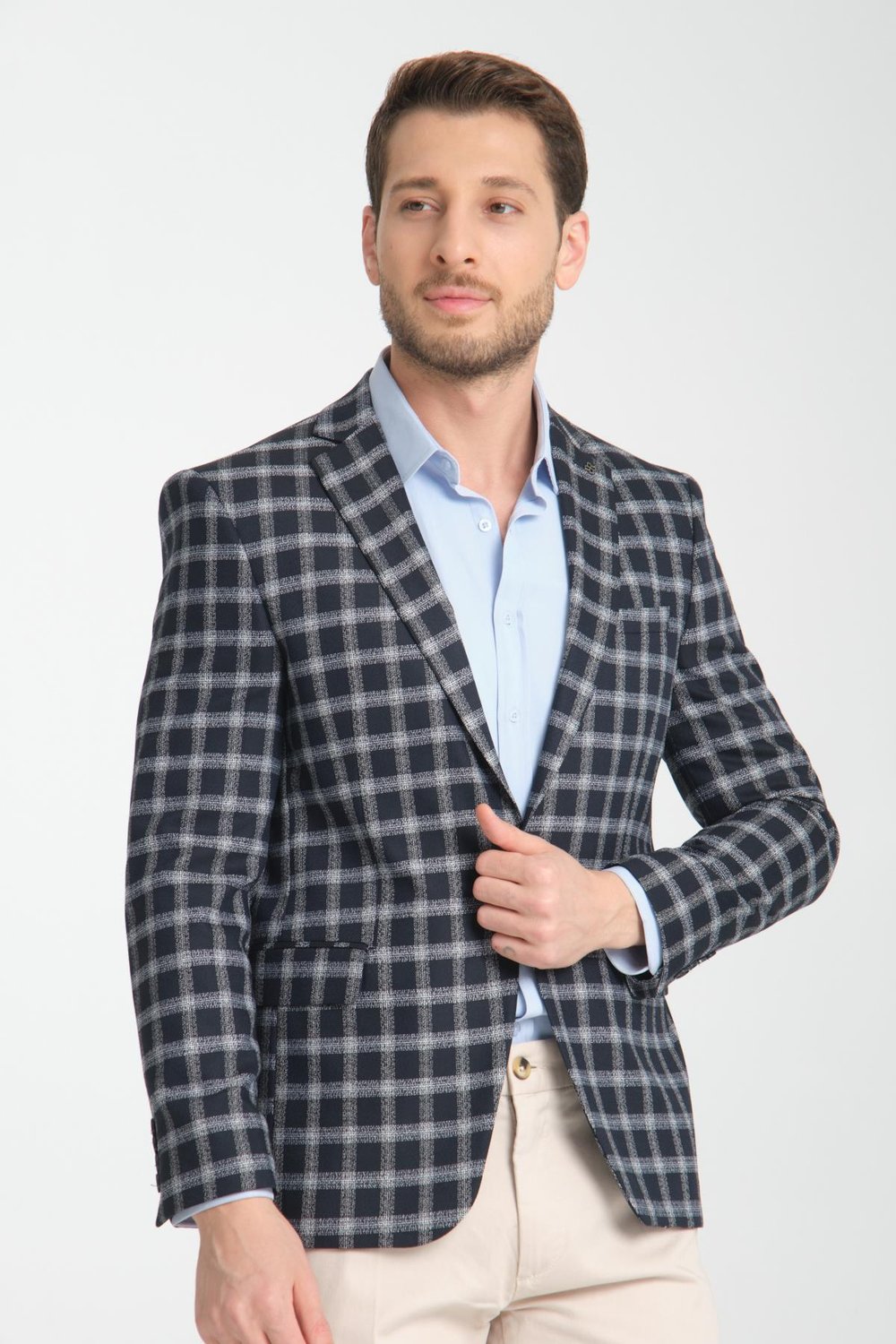 Mario Erkek Koyu Lacivert Ekose Slim Fit Mono Yaka Spor Blazer Ceket