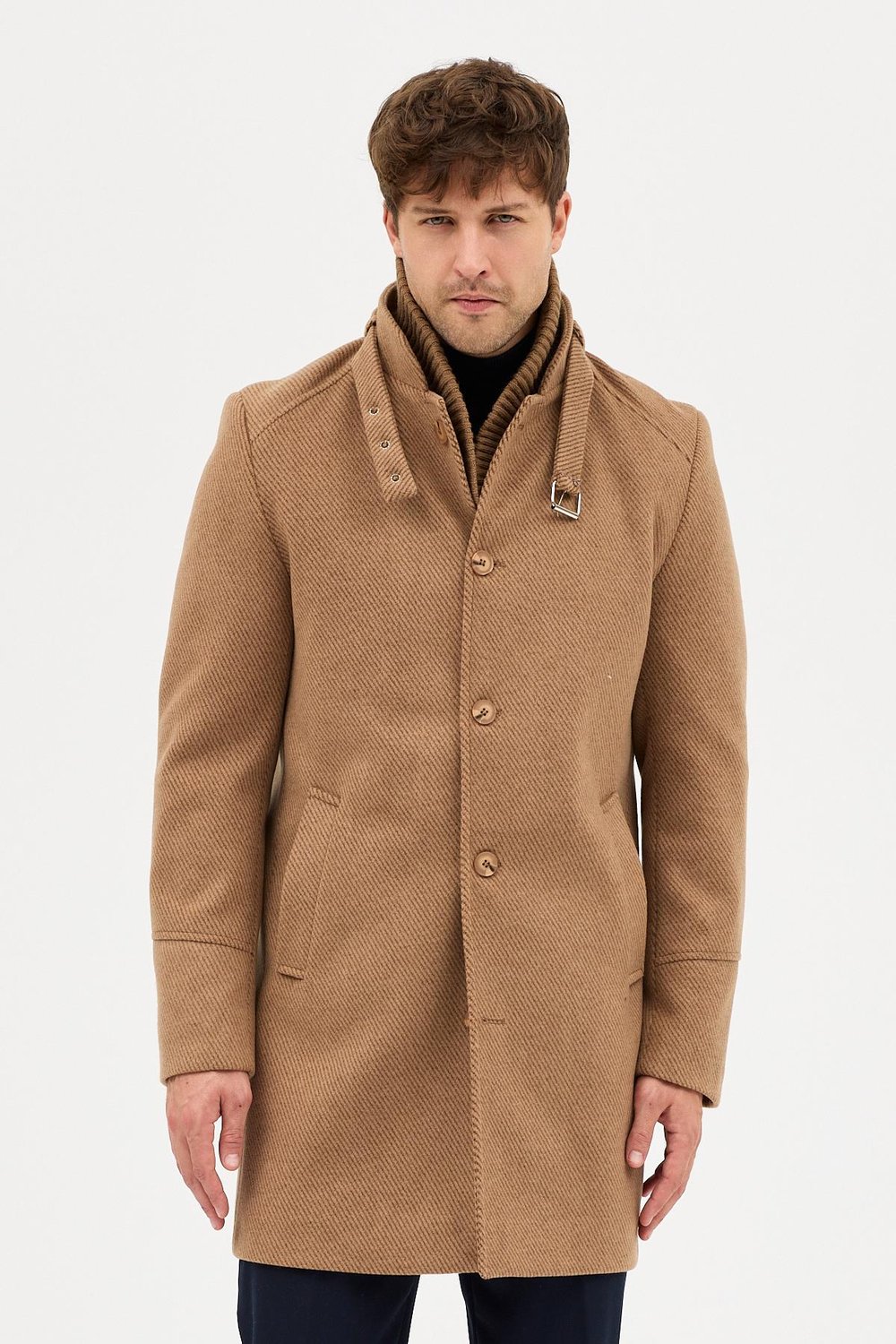 Maxi Erkek Camel Kaşe Kalın Kaban Palto Çıkma Ribana Yakalı Standart Fit
