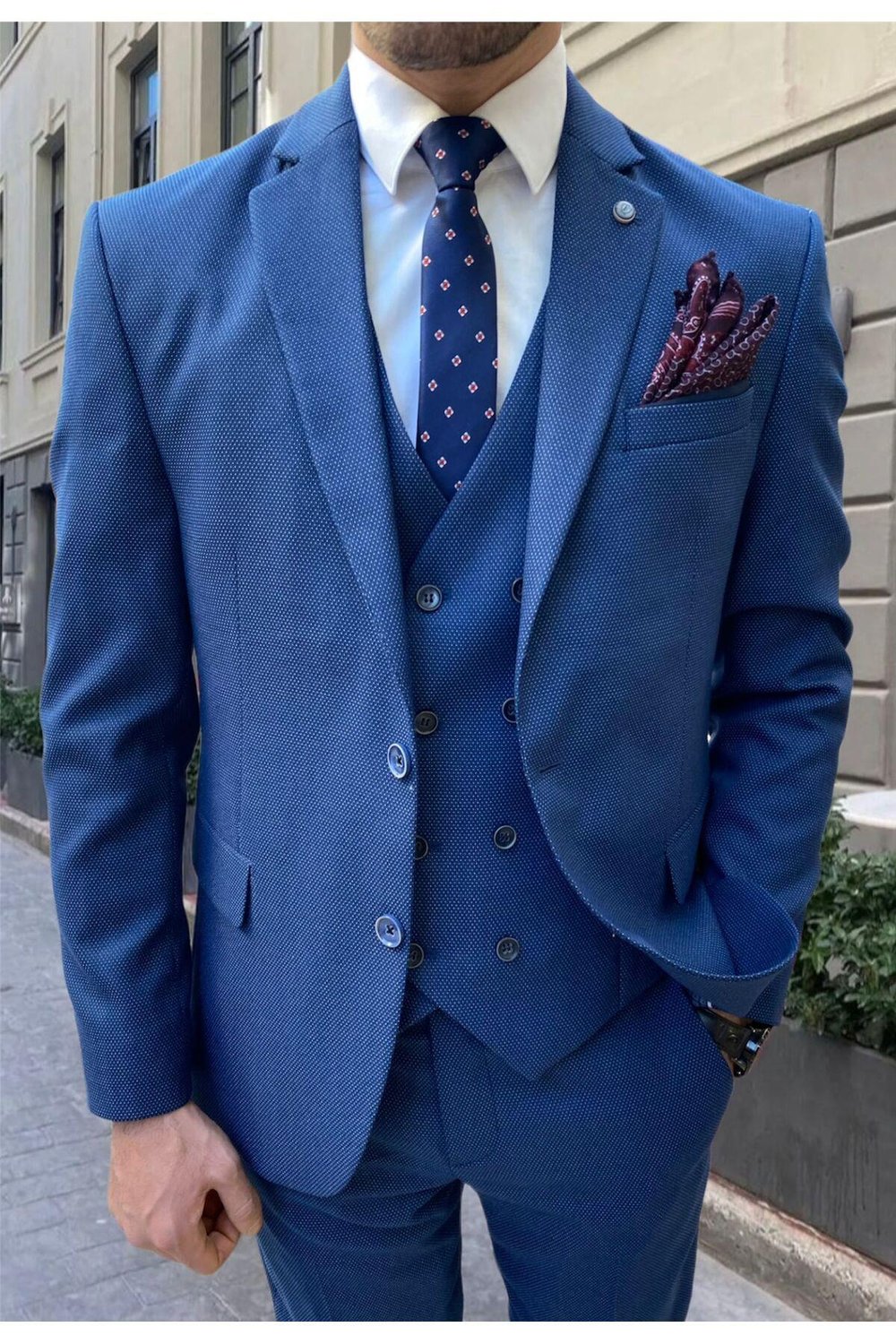 Messi Erkek Açık Lacivert Mono Yaka Yelek Ceket Pantolon Kendinden Desenli Battal Takım Elbise