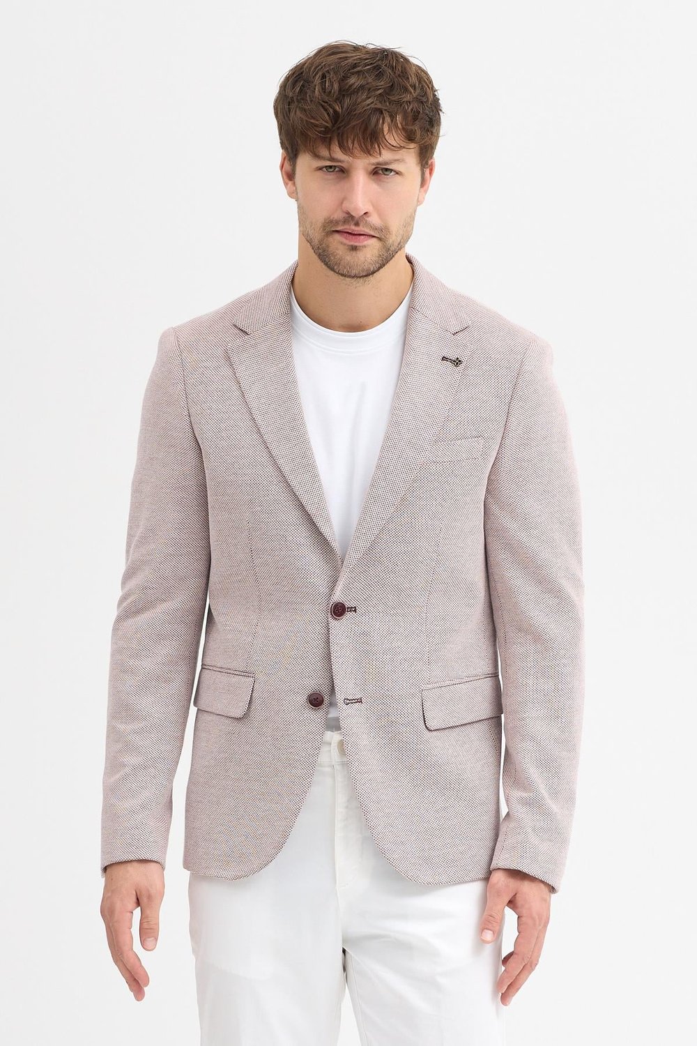 Moreto Erkek Bordo Pamuk Karışımlı Esnek Kumaşlı Armürlü Mono Yaka Spor Slim Fit Blazer Ceket