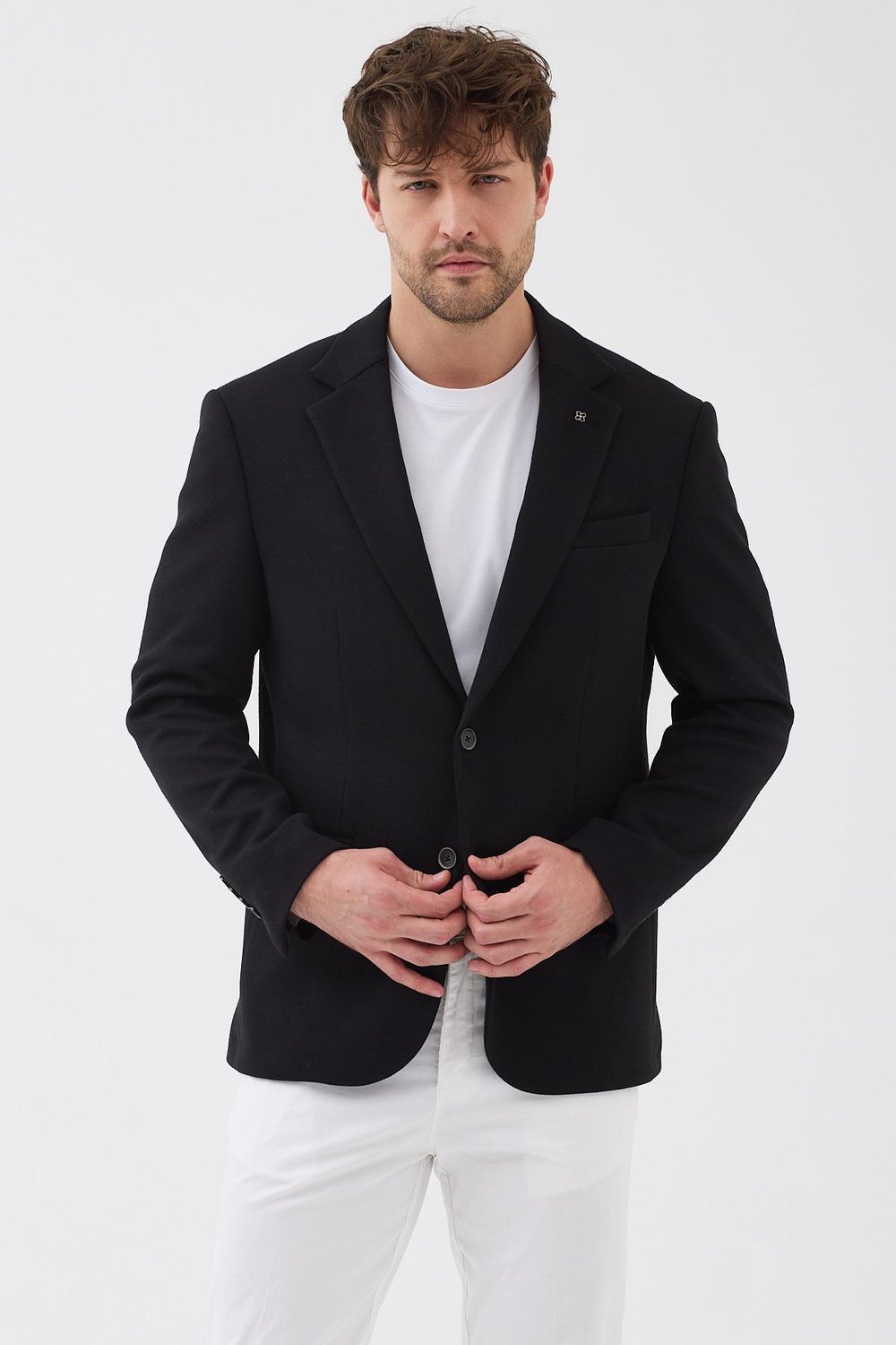 Nasio Erkek Siyah 360 Esneyen Pamuk Karışımlı Slim Fit Mono Yaka Spor Blazer Ceket
