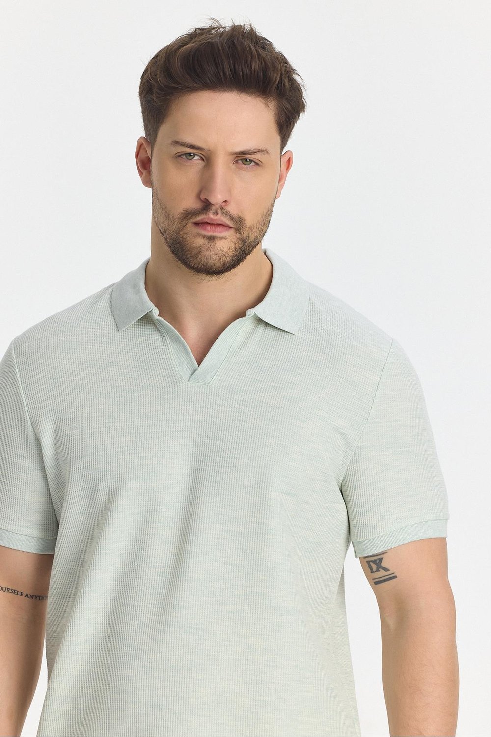 Nikol Erkek Mint Likralı Pamuk Karışımlı Esneyen Kumaş Spor Yaka Slim Fit Polo Yaka T-Shirt