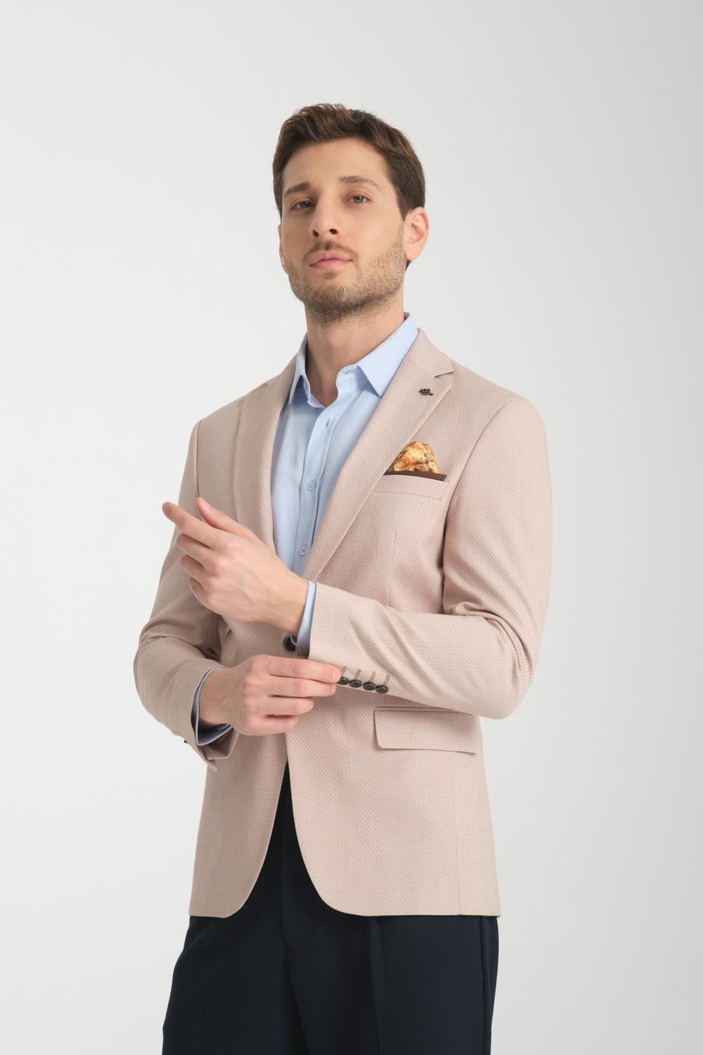 Odessa Erkek Bej Kendinden Desenli Mevsimlik Mono Yaka Slim Fit Blazer Ceket