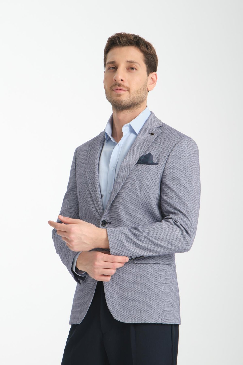Odessa Erkek Lacivert Kendinden Desenli Mevsimlik Mono Yaka Slim Fit Blazer Ceket