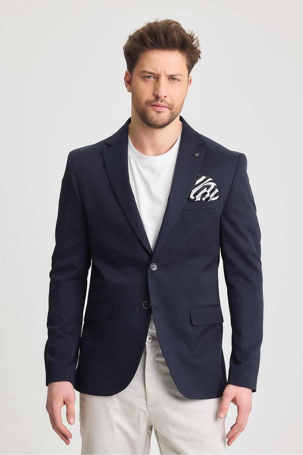 Poly Erkek İndigo Likralı Pamuklu Slim Fit Spor Blazer Ceket