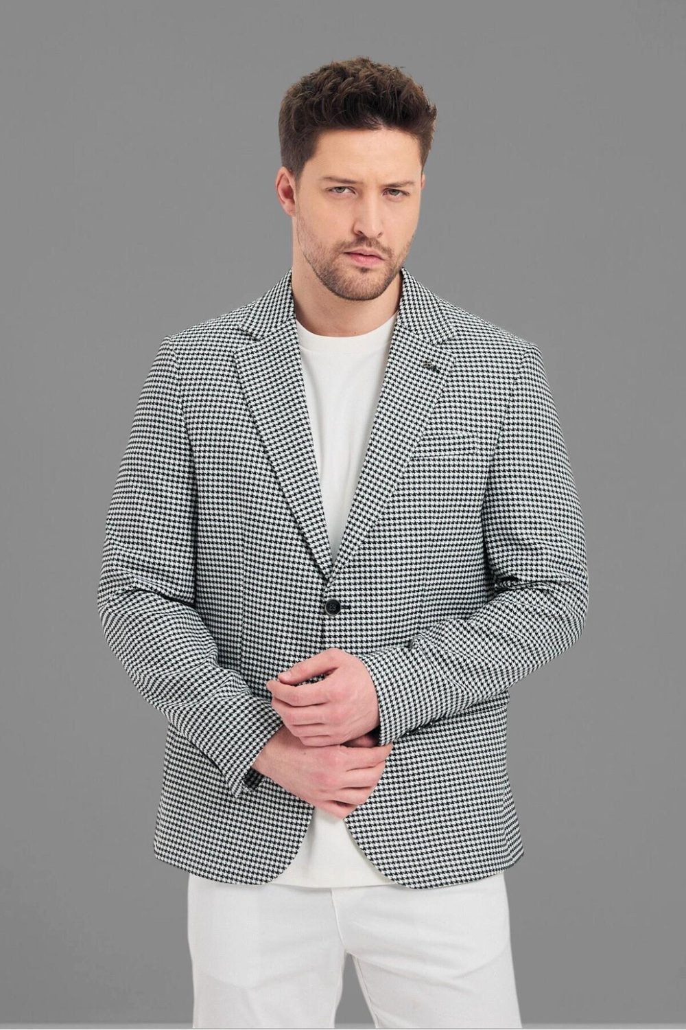 Pomfetti Erkek Siyah Kazayağı Desenli Slim Fit Blazer Ceket (Büyük Beden - Battal)
