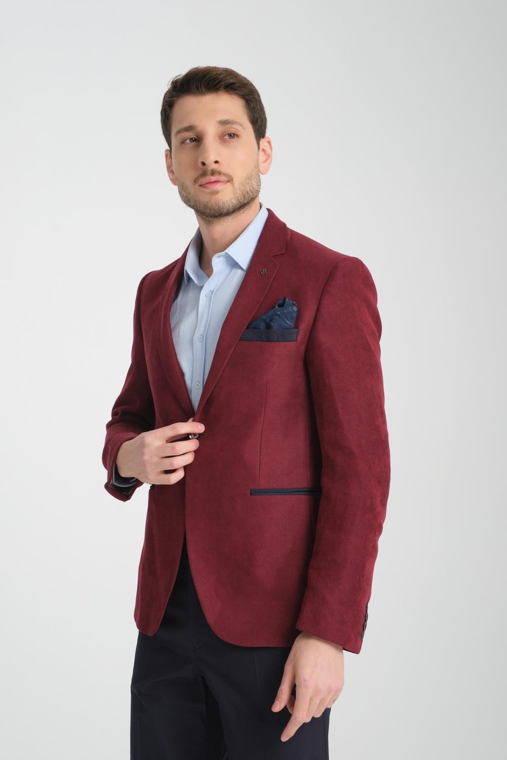 Racinos Erkek Bordo Kalın Kadife Kumaşlı Dirsekli Slim Fit Dar Kesim Spor Blazer Ceket