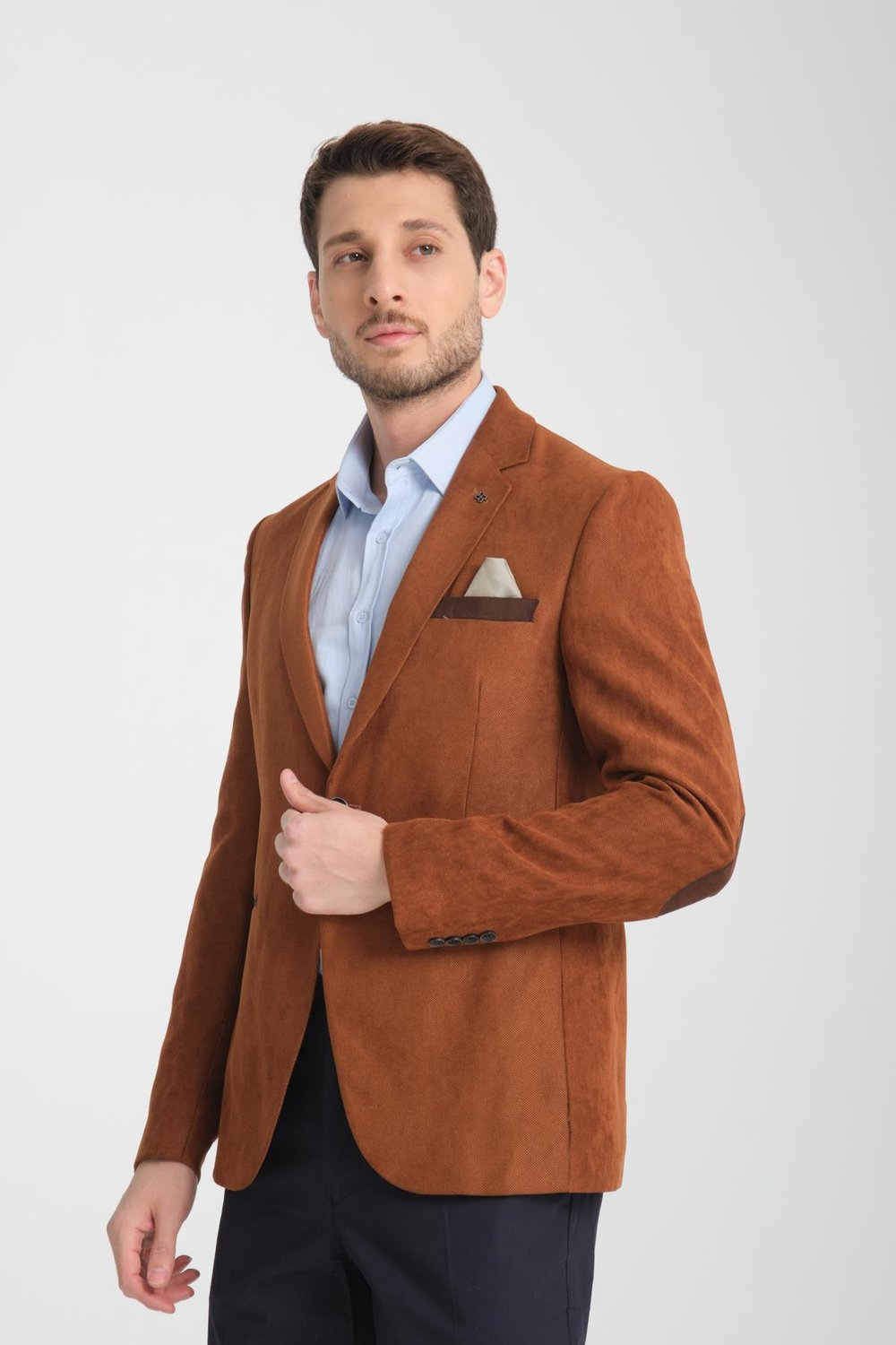 Racinos Erkek Camel Kalın Kadife Kumaşlı Dirsekli Slim Fit Dar Kesim Spor Blazer Ceket