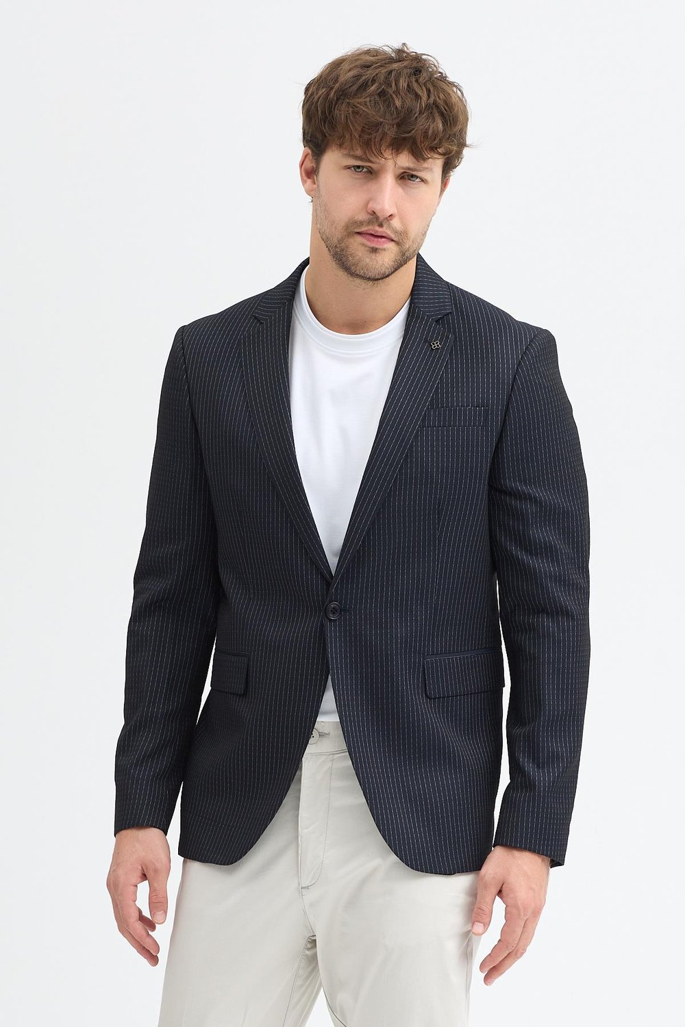 Ranti Erkek Lacivert İtalyan Çizgili Poliviskon Kumaşlı Slim Fit Spor Blazer Ceket